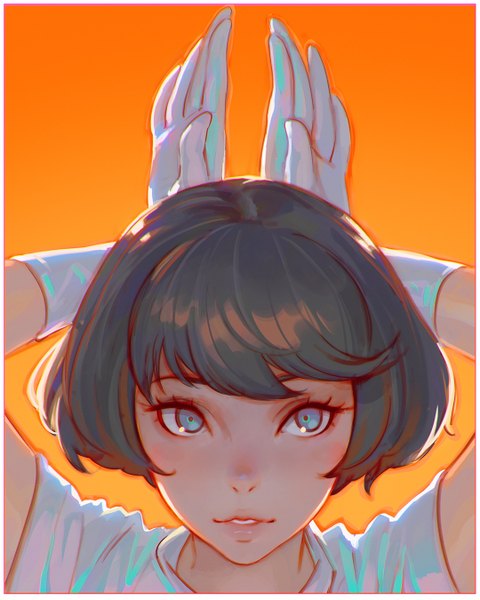 Anime picture 1080x1350 with original ilya kuvshinov single tall image looking at viewer fringe short hair simple background brown hair animal ears upper body parted lips light smile lips bunny ears portrait fake animal ears orange background bunny pose girl