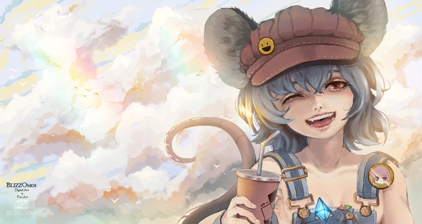 Anime picture 1920x1020 with touhou nazrin blizzomos single looking at viewer fringe highres short hair breasts open mouth light erotic smile hair between eyes red eyes wide image bare shoulders holding signed animal ears sky