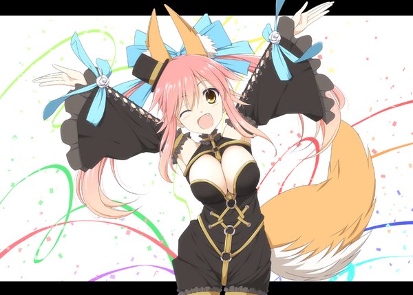 Anime picture 800x572 with fate (series) fate/extra type-moon tamamo (fate) (all) tamamo no mae (fate) kurikara single long hair looking at viewer fringe breasts open mouth light erotic smile large breasts standing white background animal ears yellow eyes pink hair