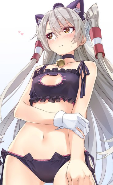 Anime picture 600x980 with kantai collection amatsukaze destroyer yahako single long hair tall image blush fringe breasts light erotic simple background hair between eyes standing white background bare shoulders brown eyes animal ears looking away cleavage grey hair