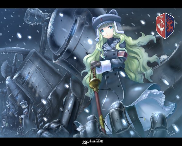 Anime picture 1280x1024 with original pixiv fantasia pixiv fantasia iii sabamu single long hair fringe blue eyes standing blunt bangs green hair wind copyright name snowing letterboxed winter sheathed girl armor sheath
