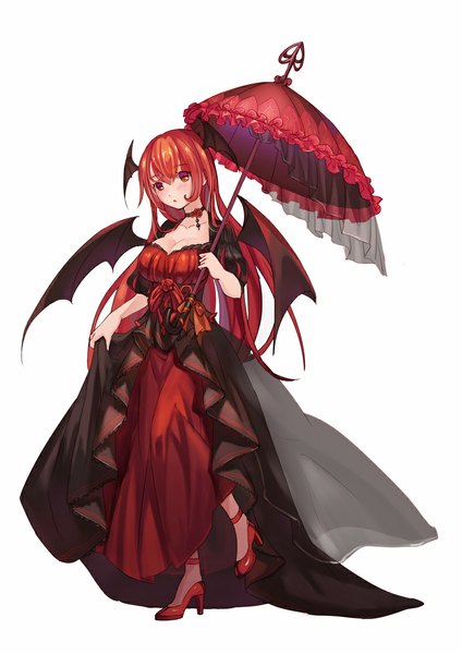 Anime picture 800x1131 with touhou koakuma mio-muo1206 single long hair tall image looking at viewer blush open mouth simple background red eyes white background red hair head wings girl dress wings umbrella