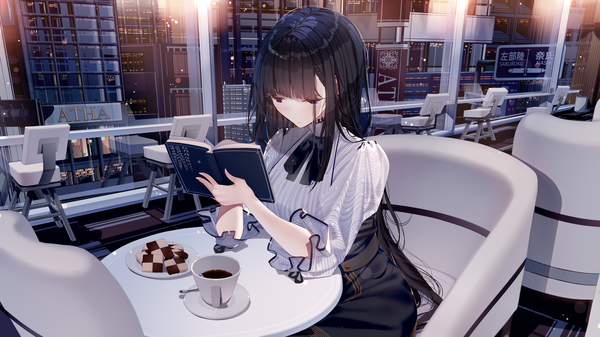 Anime picture 1920x1080 with original atha (leejuiping) single long hair blush fringe highres black hair wide image sitting purple eyes holding signed payot indoors blunt bangs hieroglyph looking down reading hime cut