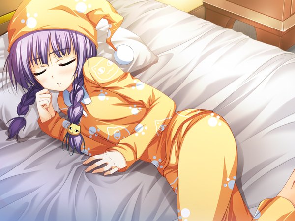Anime picture 2560x1920 with akatsuki no goei tsuki tomose shunsaku single long hair blush highres game cg purple hair braid (braids) eyes closed girl bed pajamas