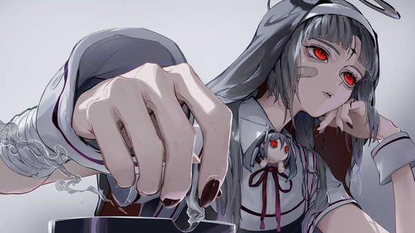 Anime picture 4409x2480 with vocaloid kamippoina (vocaloid) hatsune miku aimaina roitz ( roitz ) single long hair fringe highres black hair simple background red eyes wide image looking away absurdres upper body blunt bangs nail polish grey background smoke