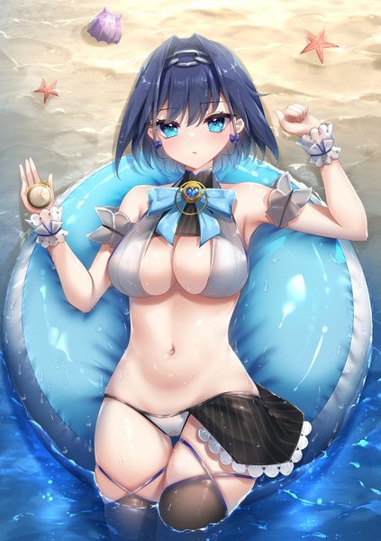 Anime-Bild 1062x1505 mit virtual youtuber hololive hololive english ouro kronii umou (may65879) single tall image looking at viewer blush fringe short hair breasts blue eyes light erotic large breasts blue hair outdoors lying wet on back