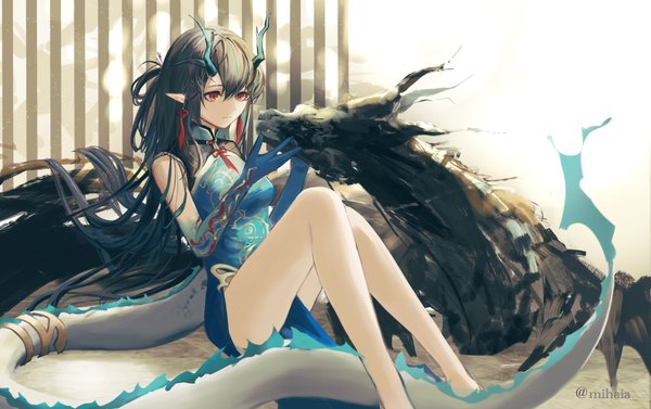 Anime picture 3624x2277 with arknights dusk (arknights) dusk (everything is a miracle) (arknights) mihaia single long hair fringe highres black hair hair between eyes red eyes signed looking away absurdres tail traditional clothes horn (horns) pointy ears bare legs twitter username