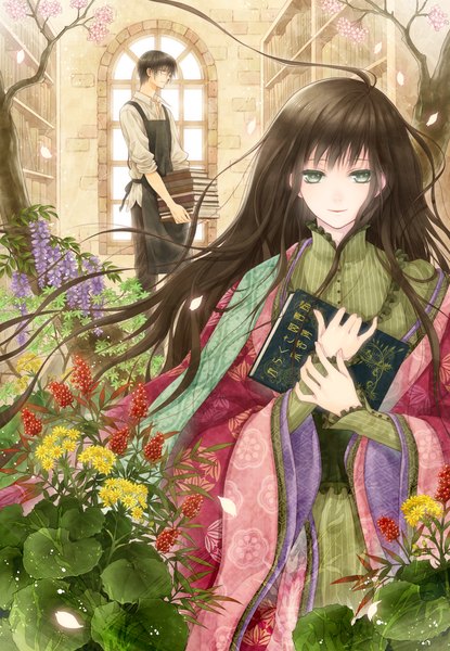 Anime picture 831x1200 with original yuuno (yukioka) long hair tall image looking at viewer fringe short hair brown hair standing holding green eyes traditional clothes light smile wind cherry blossoms glow girl boy flower (flowers) plant (plants)