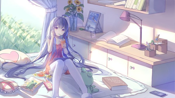 Anime picture 3840x2160 with vocaloid xingchen yue yue single long hair looking at viewer fringe highres wide image sitting holding yellow eyes absurdres purple hair ahoge indoors very long hair drinking girl thighhighs