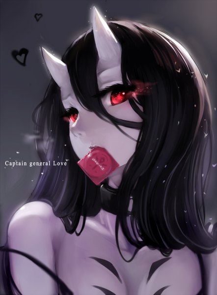 Anime picture 1000x1357 with kantai collection battleship-symbiotic hime undeedking single long hair tall image looking at viewer light erotic black hair simple background hair between eyes red eyes bare shoulders horn (horns) grey background close-up oni horns shinkaisei-kan condom in mouth girl