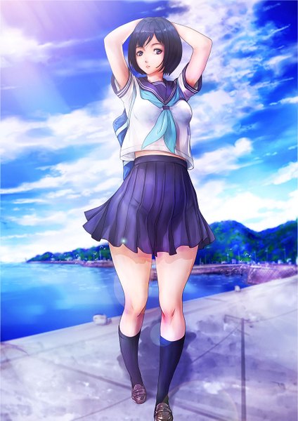 Anime picture 900x1273 with original konekoneko (indonesia) single tall image looking at viewer fringe short hair black hair standing brown eyes sky cloud (clouds) full body outdoors parted lips pleated skirt sunlight shadow midriff lens flare