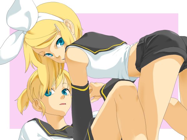 Anime picture 1200x900 with vocaloid kagamine rin kagamine len ota@ short hair blue eyes light erotic blonde hair smile looking back midriff on all fours siblings twins girl on top girl hair ornament ribbon (ribbons) hair ribbon shorts