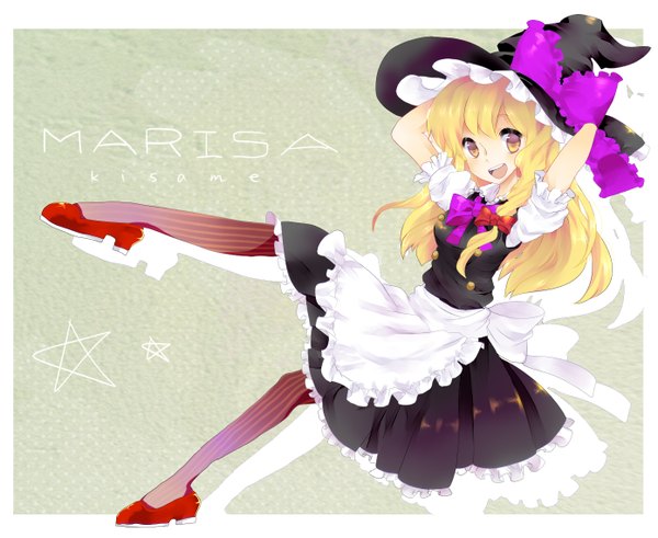 Anime picture 1391x1140 with touhou kirisame marisa kawachi rin single long hair open mouth blonde hair yellow eyes character names border arms behind head girl skirt bow hair bow hat pantyhose apron witch hat skirt set