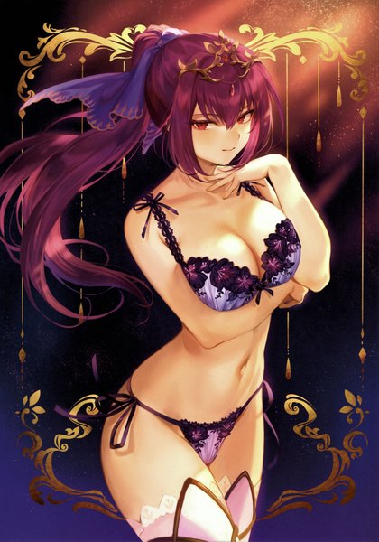 Anime picture 4894x6987 with fate (series) fate/grand order scathach (fate) (all) scathach skadi (fate) mashuu (neko no oyashiro) single long hair tall image looking at viewer blush fringe highres breasts light erotic simple background smile hair between eyes red eyes large breasts standing