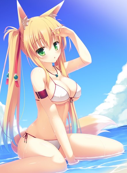 Anime picture 1200x1629 with original yuzu modoki single long hair tall image looking at viewer blush fringe breasts open mouth light erotic blonde hair sitting twintails green eyes animal ears sky cloud (clouds) tail animal tail