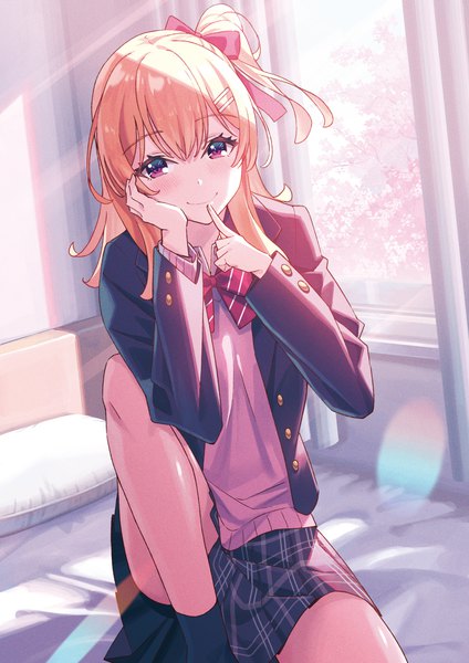 Anime picture 1131x1600 with original koh rd single long hair tall image looking at viewer blush fringe smile hair between eyes sitting indoors long sleeves pink eyes orange hair open clothes one side up finger to mouth plaid skirt hand on face