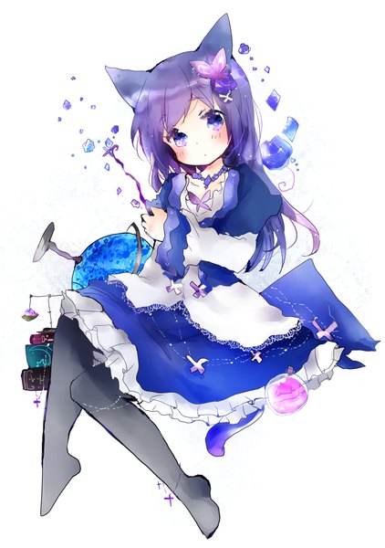 Anime picture 1482x2106 with original tsukiyo (skymint) single long hair tall image looking at viewer blush fringe sitting purple eyes animal ears purple hair bent knee (knees) tail animal tail hair flower cat ears cat tail no shoes girl