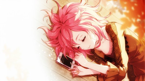 Anime picture 1920x1080 with caidychen single highres short hair breasts smile wide image pink hair lying eyes closed lips shadow on side happy sleeping floor girl leaf (leaves) mobile phone
