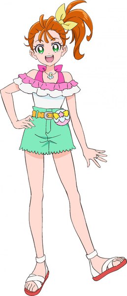 Anime picture 650x1514 with precure tropical-rouge! precure toei animation natsuumi manatsu nakatani yukiko single tall image looking at viewer short hair open mouth simple background standing white background green eyes full body :d orange hair official art hand on hip side ponytail