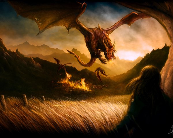 Anime picture 1600x1280 with original rodg-art long hair black hair sky evening sunset mountain flying field girl plant (plants) tree (trees) grass fire dragon