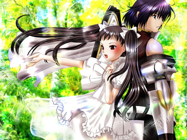 Anime picture 1024x768 with ar tonelico ar tonelico ii gust (company) jacqli chroah vatel inumori sayaka long hair blush fringe short hair open mouth blue eyes black hair red eyes twintails bare shoulders looking away purple hair couple hand on chest