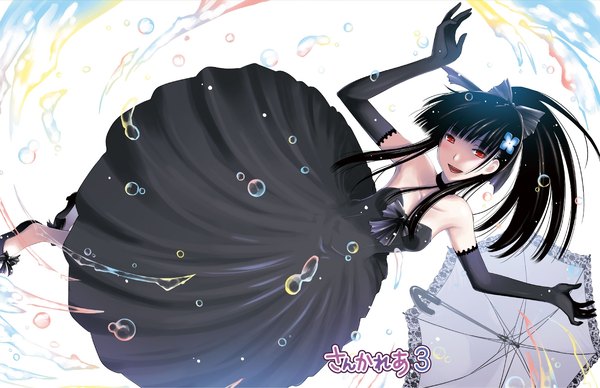 Anime picture 2290x1481 with sankarea studio deen sanka rea hattori mitsuru single long hair looking at viewer highres open mouth black hair red eyes head tilt :d official art copyright name sideways girl dress gloves bow