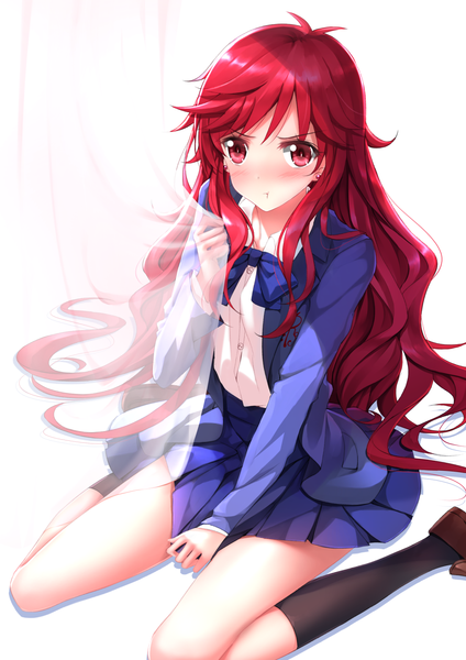 Anime picture 1102x1560 with gekkan shoujo nozaki-kun doga kobo mikoshiba mikoto swordsouls single long hair tall image looking at viewer blush red eyes white background sitting red hair wariza genderswap girl skirt miniskirt socks black socks