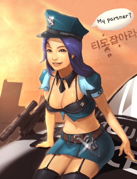 Anime picture 1500x1964 with league of legends caitlyn (league of legends) officer caitlyn supullim single long hair tall image breasts light erotic smile brown eyes purple hair girl thighhighs skirt uniform black thighhighs miniskirt belt garter straps