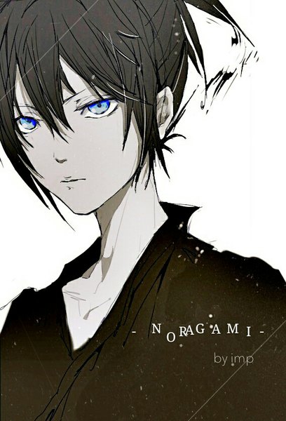 Anime picture 568x834 with noragami studio bones yato (noragami) impimo single tall image fringe short hair blue eyes black hair simple background hair between eyes white background signed looking away ponytail copyright name portrait boy