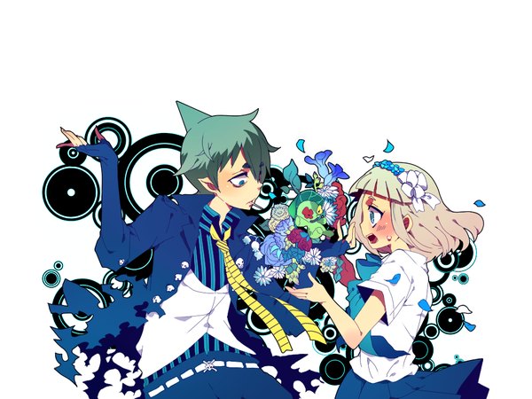 Anime picture 1024x768 with ao no exorcist a-1 pictures moriyama shiemi amaimon nii (ao no exorcist) blush fringe open mouth simple background blonde hair white background green eyes green hair pointy ears hair over one eye demon girl boy flower (flowers) shirt