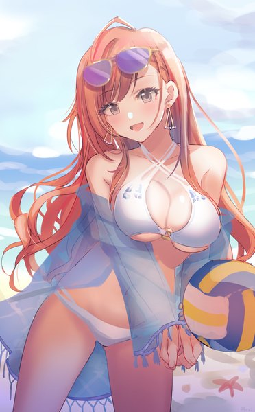 Anime picture 2480x4000 with idolmaster idolmaster shiny colors arisugawa natsuha kevn single long hair tall image looking at viewer blush fringe highres breasts open mouth light erotic smile brown hair large breasts standing sky cloud (clouds)