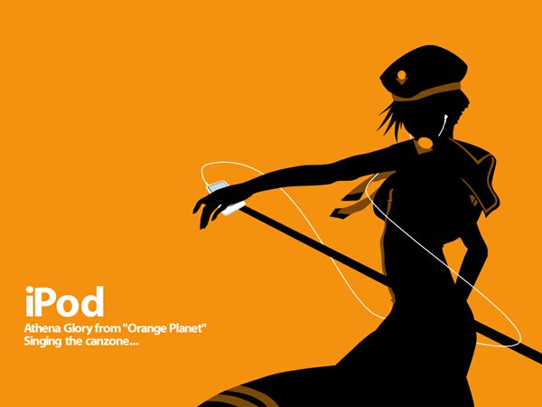 Anime picture 1024x768 with aria ipod athena glory silhouette parody orange background