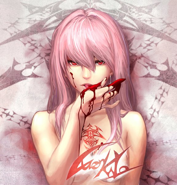 Anime picture 769x800 with original recovered memory ada leah luen kulo single long hair tall image looking at viewer open mouth light erotic red eyes pink hair inscription tattoo close-up licking blood stains girl earrings tongue