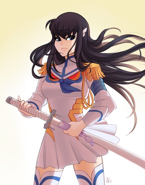 Anime picture 785x1000 with kill la kill studio trigger kiryuuin satsuki ae single long hair tall image looking at viewer fringe breasts blue eyes black hair simple background standing girl weapon sword katana clothes
