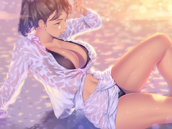 Anime picture 4000x3000 with original a.x. single fringe highres short hair breasts light erotic brown hair large breasts sitting brown eyes looking away absurdres cleavage outdoors long sleeves arm up sunlight arm support