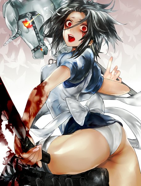 Anime picture 800x1050 with american mcgee's alice (game) alice: madness returns alice (american mcgee's) tcb (pixiv) single tall image looking at viewer short hair breasts open mouth light erotic red eyes ass dark hair screaming bloody weapon crazy crazy eyes bloody tears girl