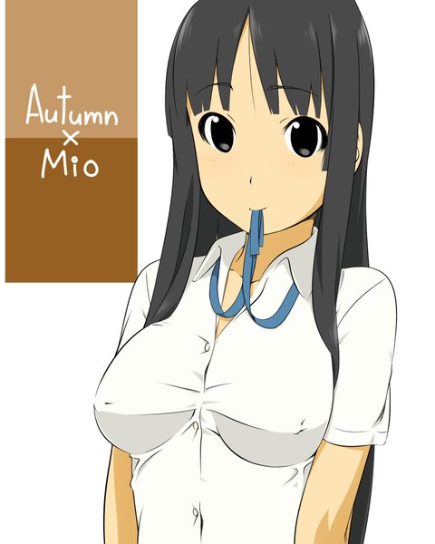 Anime picture 1600x2000 with k-on! kyoto animation akiyama mio maria 1/2 single long hair tall image looking at viewer highres breasts light erotic black hair simple background white background holding inscription mouth hold covered nipples ribbon in mouth girl