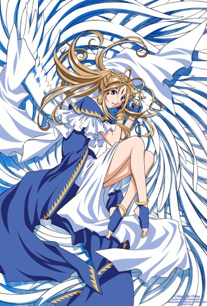 Anime picture 1692x2500 with aa megami-sama anime international company belldandy long hair tall image looking at viewer blue eyes smile brown hair ahoge tail alternate costume facial mark angel goddess girl earrings wings jewelry