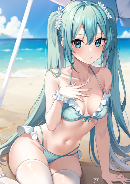 Anime picture 2480x3508 with vocaloid hatsune miku guri (gri1211) single long hair tall image looking at viewer blush fringe highres breasts light erotic smile hair between eyes sitting twintails payot sky cloud (clouds) outdoors