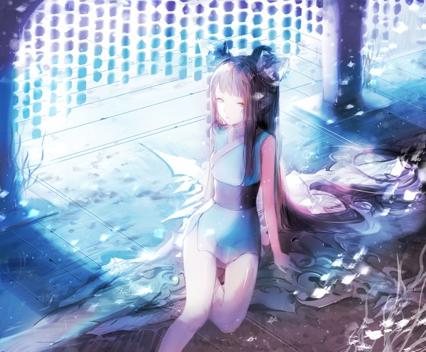 Anime picture 2240x1853 with sa'yuki single fringe highres breasts sitting yellow eyes looking away purple hair bent knee (knees) very long hair traditional clothes parted lips from above lips bare legs shadow legs sleeveless girl