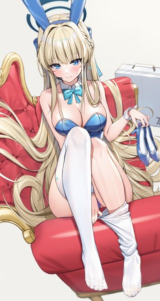Anime-Bild 2338x4404 mit blue archive toki (blue archive) toki (bunny) (blue archive) piyo (pixiv 2308057) single tall image looking at viewer blush fringe highres breasts blue eyes light erotic simple background blonde hair smile large breasts white background sitting bare shoulders