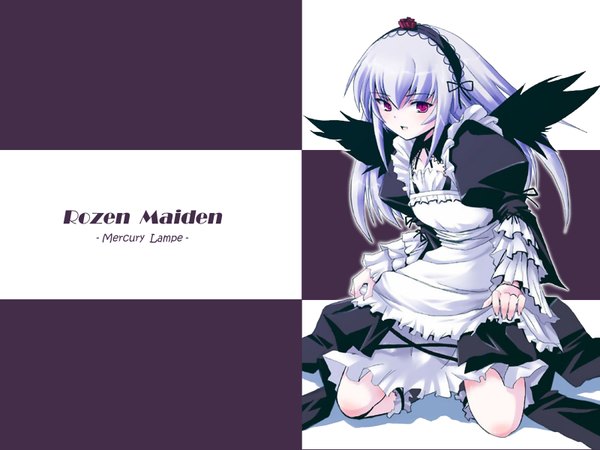 Anime picture 1600x1200 with rozen maiden suigintou shinshin single long hair looking at viewer open mouth purple eyes silver hair full body shadow copyright name kneeling black wings third-party edit girl wings hairband