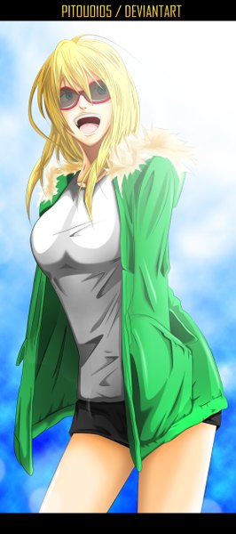 Anime picture 1110x2500 with kuroko no basket production i.g alexandra garcia pitou0105 single long hair tall image open mouth blonde hair smile green eyes sky sunlight open clothes open jacket coloring girl glasses jacket shorts