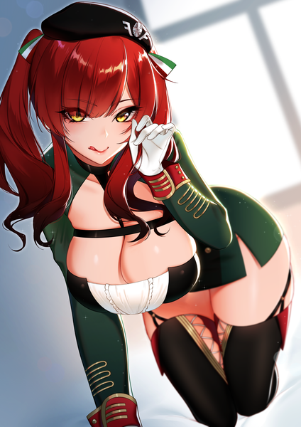 Anime picture 3541x5016 with azur lane zara (azur lane) tofuubear single long hair tall image looking at viewer blush fringe highres breasts light erotic large breasts twintails absurdres cleavage red hair indoors blunt bangs long sleeves