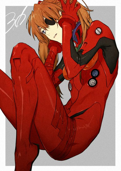 Anime picture 708x1000 with neon genesis evangelion rebuild of evangelion evangelion: 3.0 you can (not) redo gainax soryu asuka langley rururara single long hair tall image blue eyes simple background brown hair inscription grey background border outside border girl eyepatch pilot suit