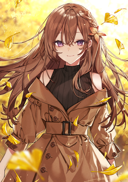 Anime picture 744x1052 with original hanagata single long hair tall image looking at viewer fringe smile hair between eyes brown hair standing purple eyes bare shoulders signed payot outdoors braid (braids) wind blurry off shoulder