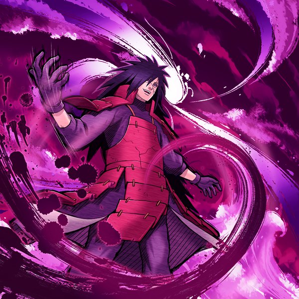 Anime picture 1500x1500 with naruto studio pierrot naruto (series) uchiha madara tagme (artist) single long hair fringe open mouth black hair smile hair between eyes standing purple eyes payot looking away cloud (clouds) outdoors :d wind