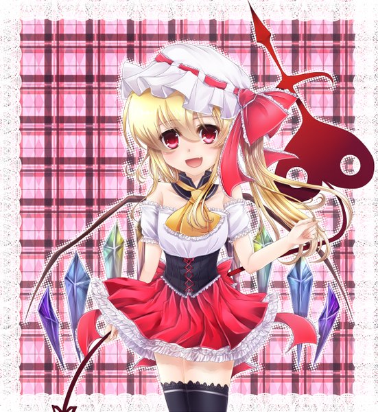 Anime picture 1194x1301 with touhou flandre scarlet nakayama shumo siyusiyu13 single tall image short hair open mouth blonde hair red eyes girl dress weapon wings bonnet crystal laevatein (touhou)