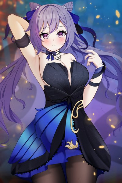 Anime picture 2400x3600 with genshin impact keqing (genshin impact) keqing (opulent splendor) (genshin impact) knosdeba single long hair tall image looking at viewer blush fringe highres breasts light erotic standing purple eyes twintails payot purple hair arm up night