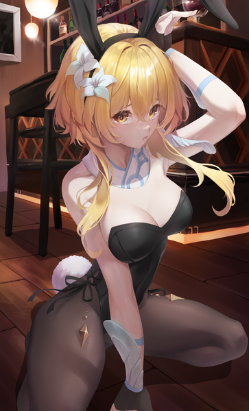 Anime picture 2600x4300 with genshin impact lumine (genshin impact) netural single tall image looking at viewer fringe highres short hair breasts light erotic blonde hair hair between eyes large breasts animal ears yellow eyes cleavage bent knee (knees) indoors tail
